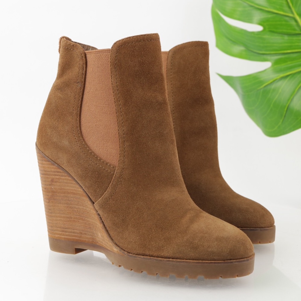 Michael Kors Womens Thea Boot Size 6.5 Brown Suede Chelsea Bootie Wedge Lug Sole